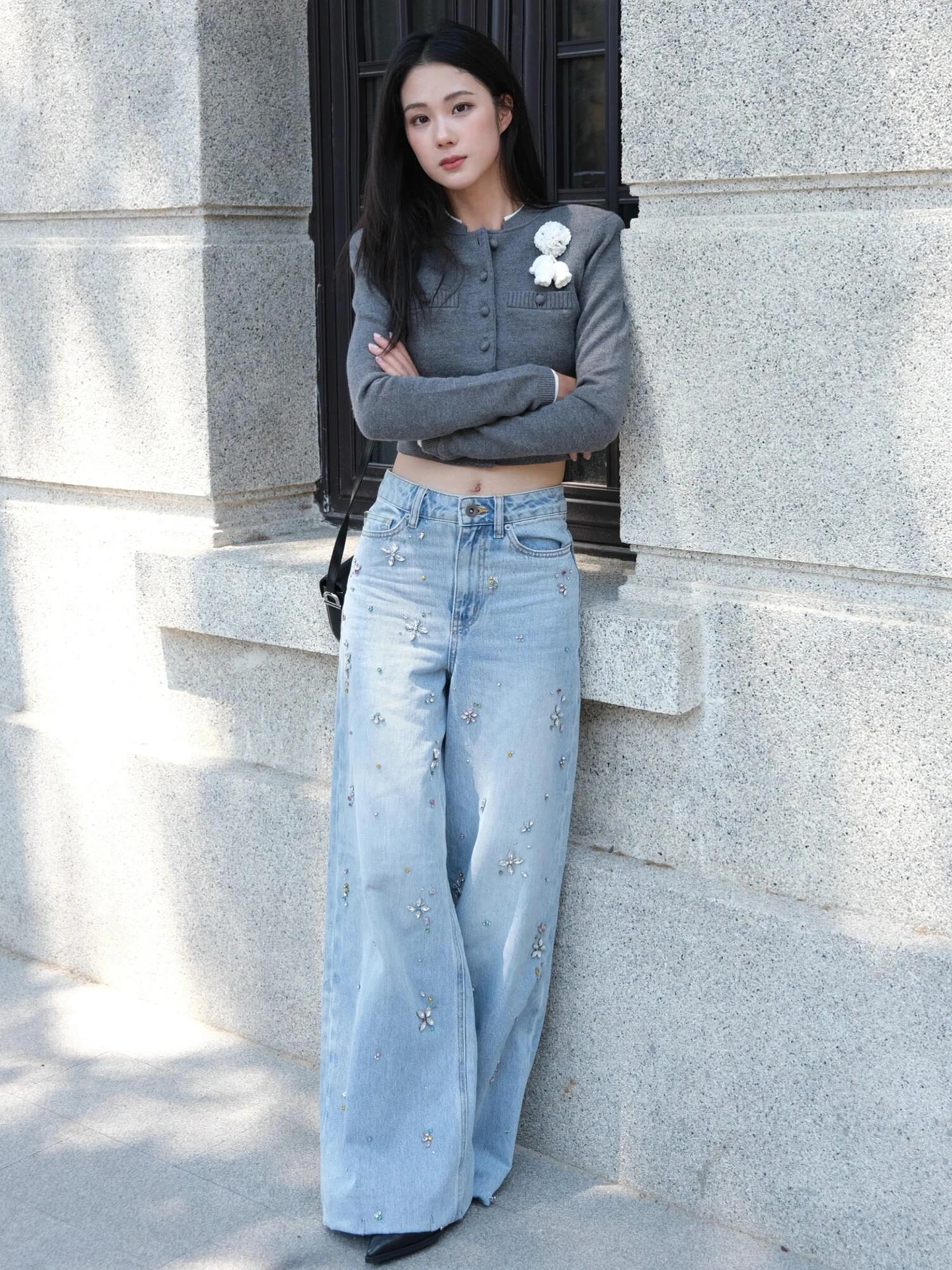 

Джинсовые широкие брюки с высокой талией и цветочным принтом для женщин, повседневные синие джинсы с водной талией, осенне-зимний воротник...