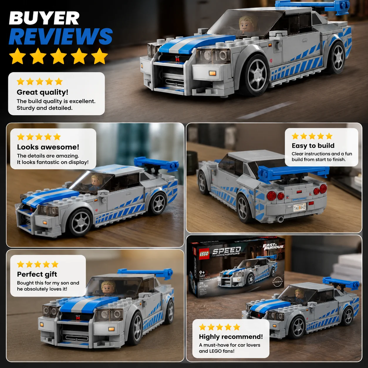 LEGO Speed Champions 2 Fast 2 Furious Nissan Skyline GT-R (R34), Race Car Toy Model Building Kit Racer Minifigure Gift 76917