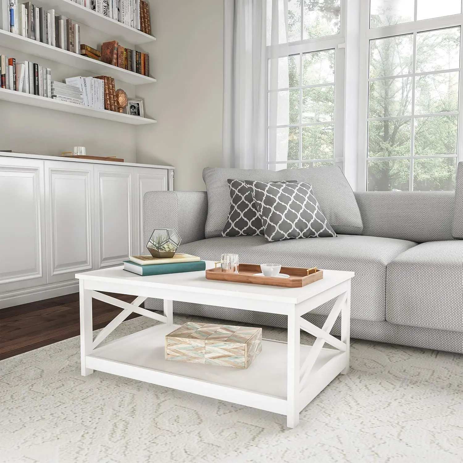 

Coffee Table - 2-Tiered Wood Sofa Table - Low Profile and X-Leg Design Living Room Furniture for Storage, Display, Customized