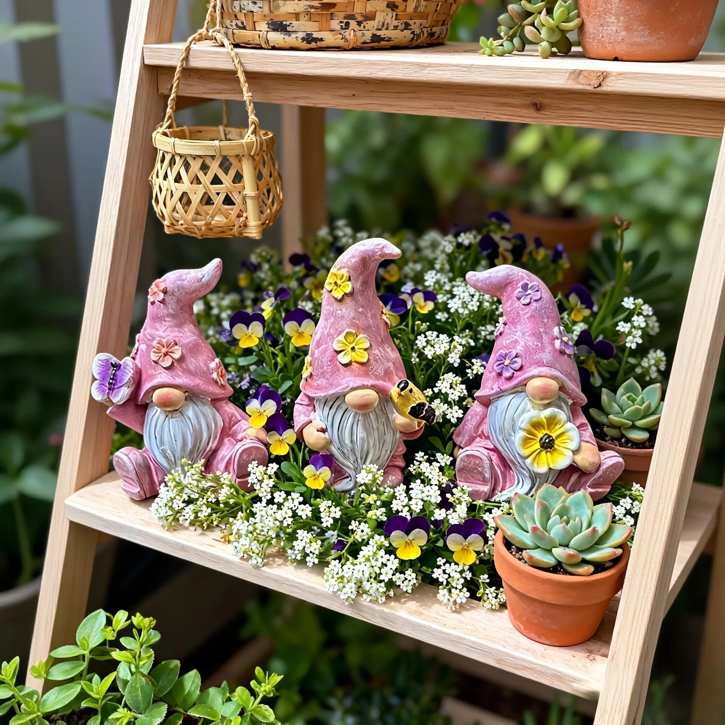 3 Pcs Set Pink-Purple Toned Gnome Figurines, With Exquisite Floral Decorations, Unique Pose, Suitable For Placing In Garden Beds