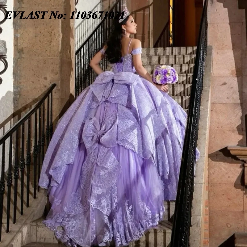 EVLAST Customized Lilac Quinnceanera Dress Ball Gown Lace Applique Beading Bow Mexican Corset Sweet 16 Vestidos De 15 Anos SQ558