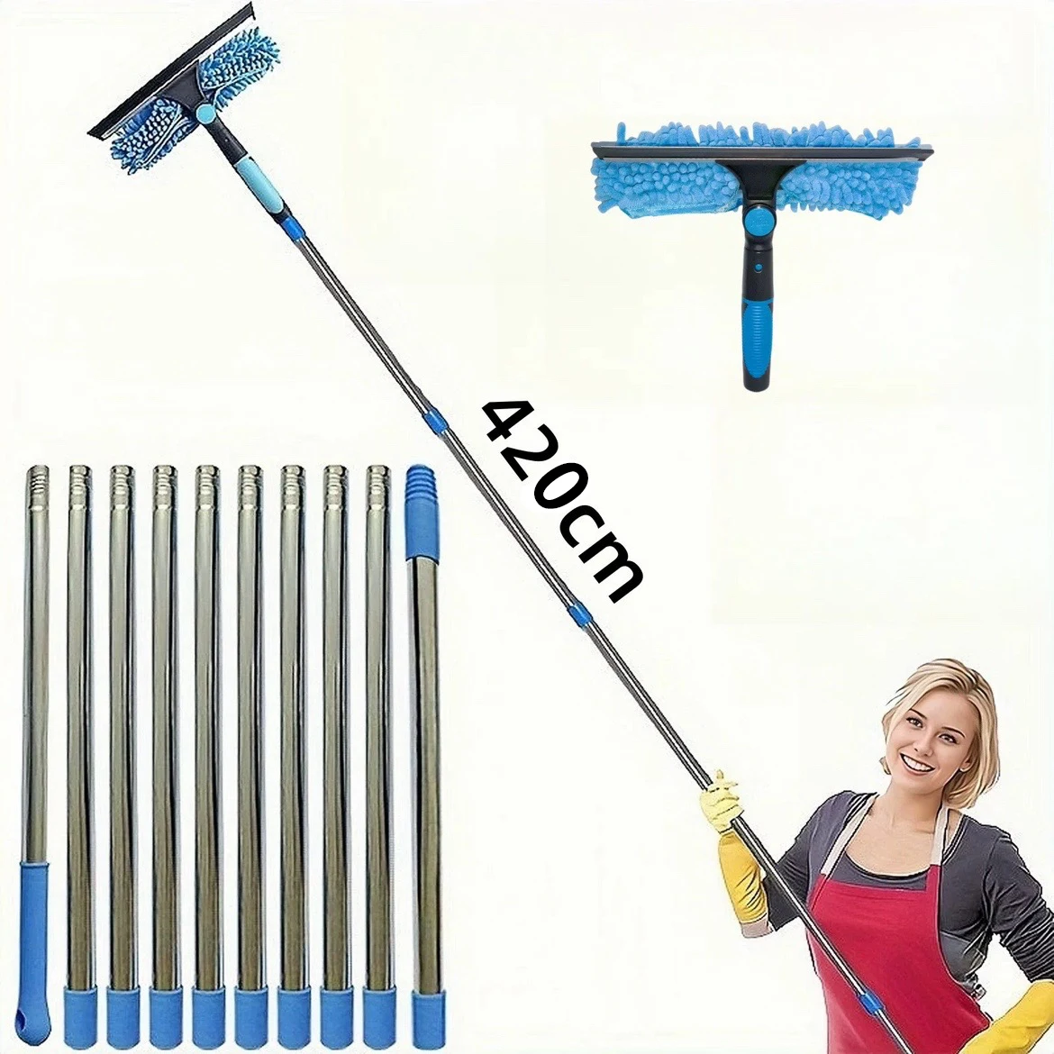 Extended Window Cleaning Kit 2 in 1 Double Sided Glass Squeegee Cleaner Duster Mop 180° Swivel Window Cleaning Tools