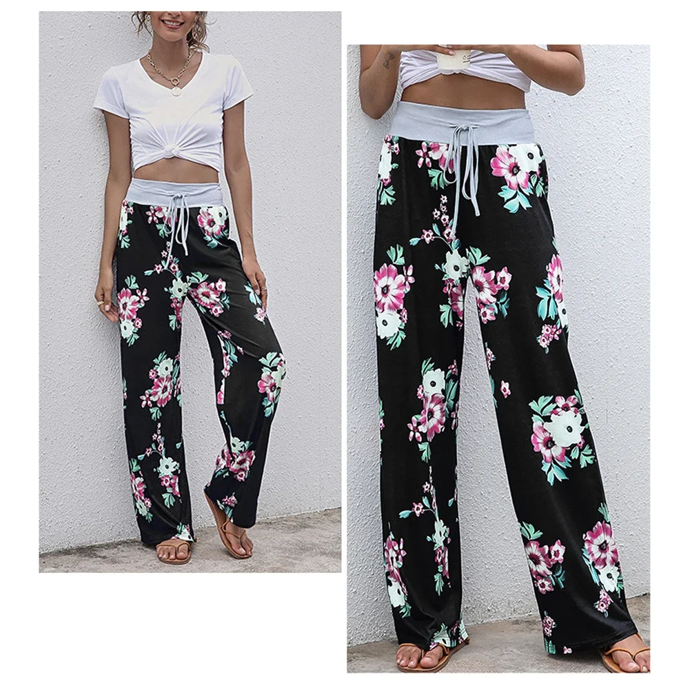 Pantalones Palazzo holgados e informales para mujer, pantalón de pierna ancha con estampado Floral, cintura con cordón, color negro, gris y azul, Verano