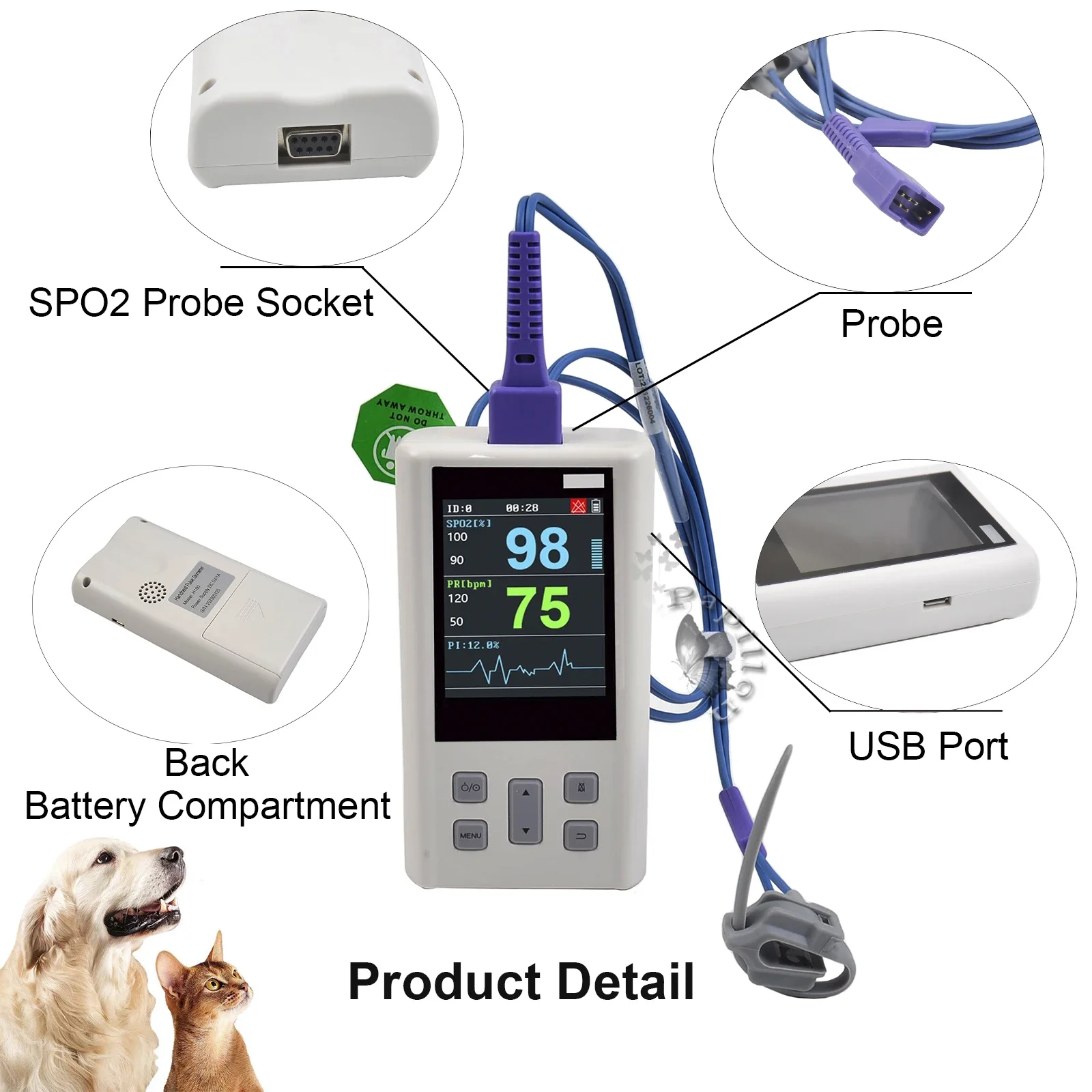 Handheld Pulse Oximeter Veterinary Vital SPO2 PR PI Heart Rate Monitor With Memory Adult Neonatal Pets Hospital clinic household