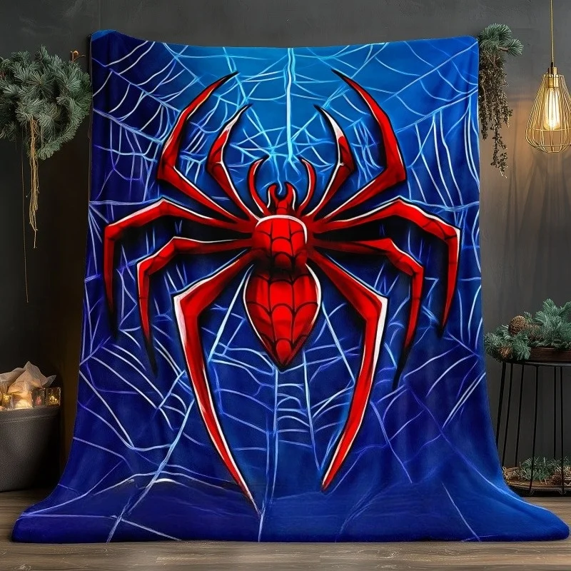 Red Spider Silhouette Throw Blanket, Black Background Spiderweb Printed Soft Warm Flannel Blanket for Couch Bedroom