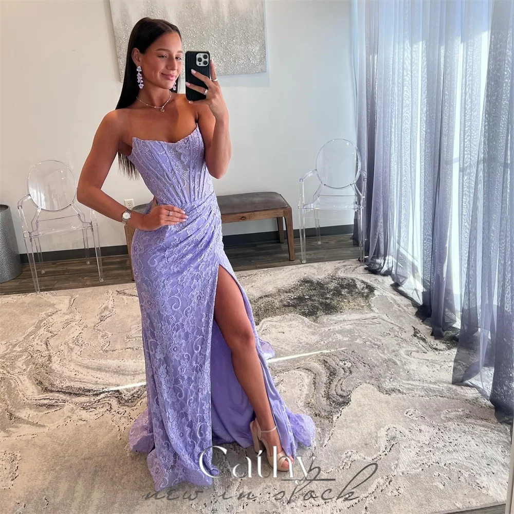 Cathy Lavender Mermaid Prom Dresses Lace Embroidery Evening Dress Elegant Off Shoulder Side Split Long Train vestidos de fiesta