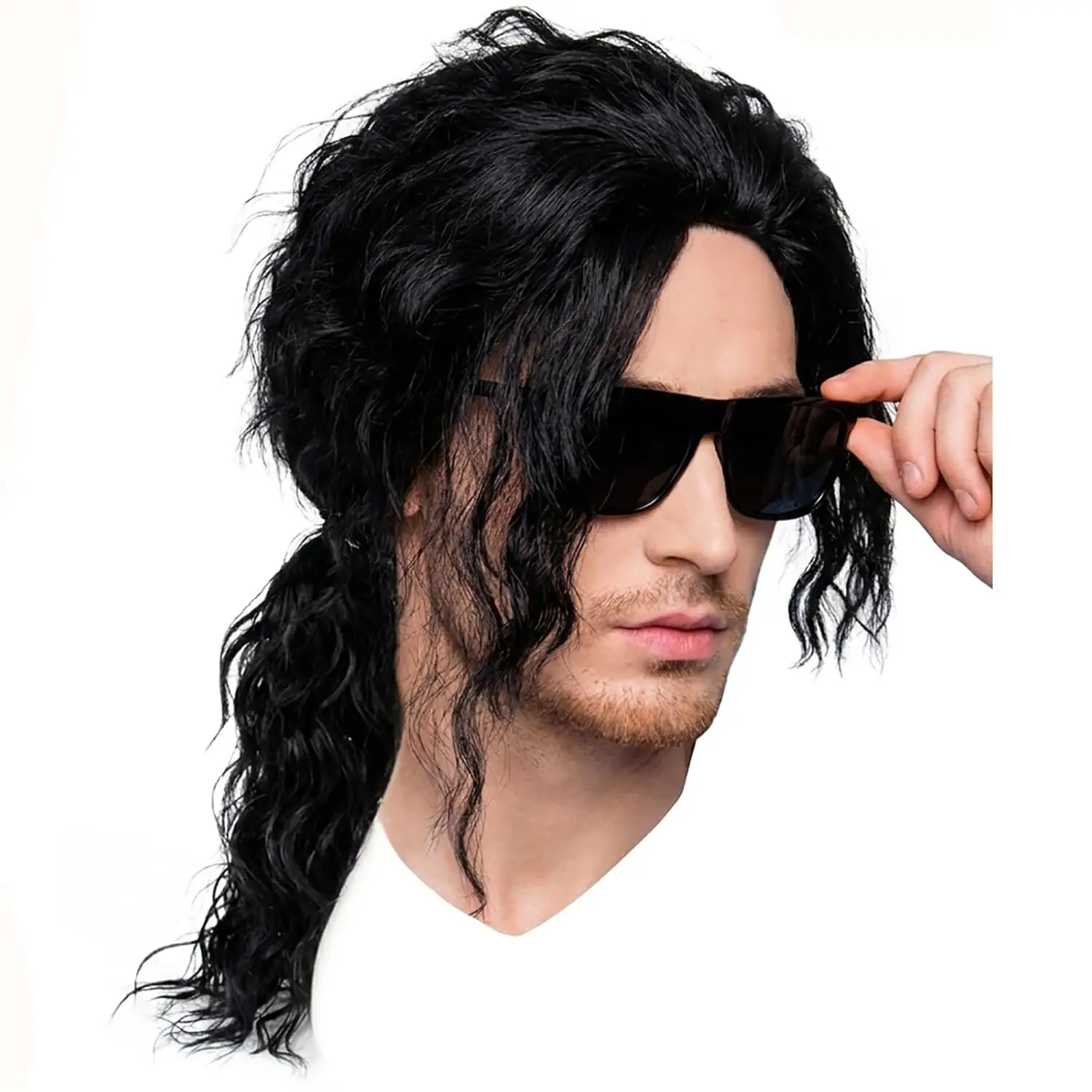 Mens Black Mullet Wig Long 70s 80s Rocker Star Wig Black Punk Hair Heat Resistant Synthetic Halloween Cosplay Party Costume