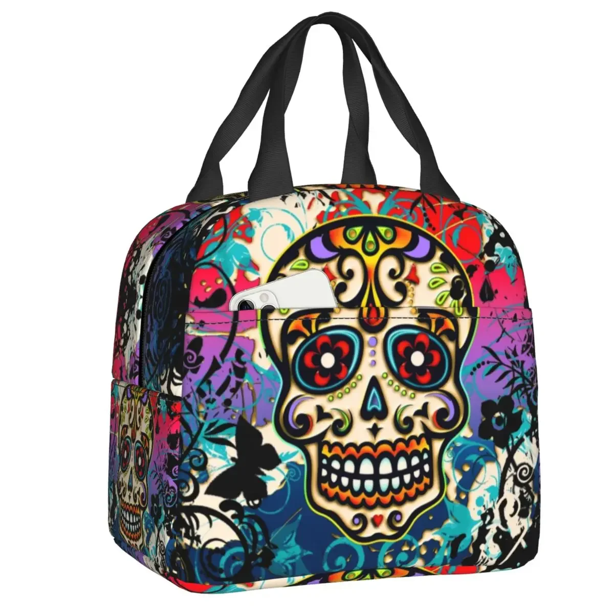 

Mexican Day Of The Dead Sugar Skull Resuable Lunch Box Leakproof Halloween Cooler Thermal Food Insulated Lunch Bag School