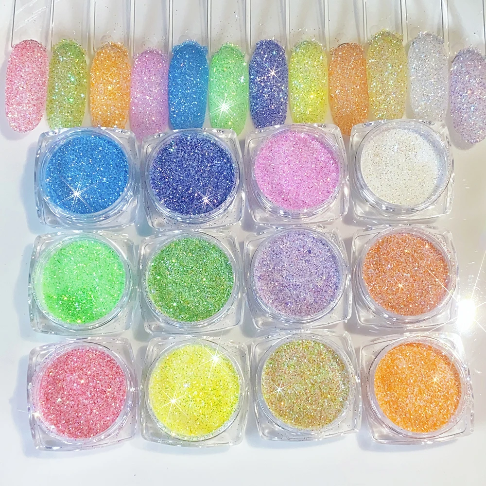 12 Gläser schimmerndes Zucker-Glitzerpulver für Nägel, bunter Bonbon-Mantel-Effekt, schillerndes Nail-Art-Pigment, Chrom-Staub, Reiben auf den Nägeln