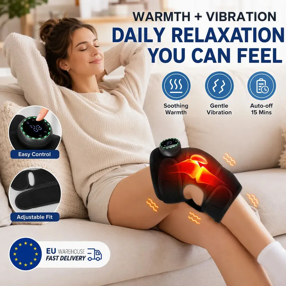 Massaggiatore per Ginocchia Riscaldato con Vibrazione, 5 Modalità di Calore e 5 Modalità di Massaggio, Senza Fili, Ricaricabile, 2500mAh, Schermo Touch LED, Avvolgente per Spalle, Gomiti, Gambe,