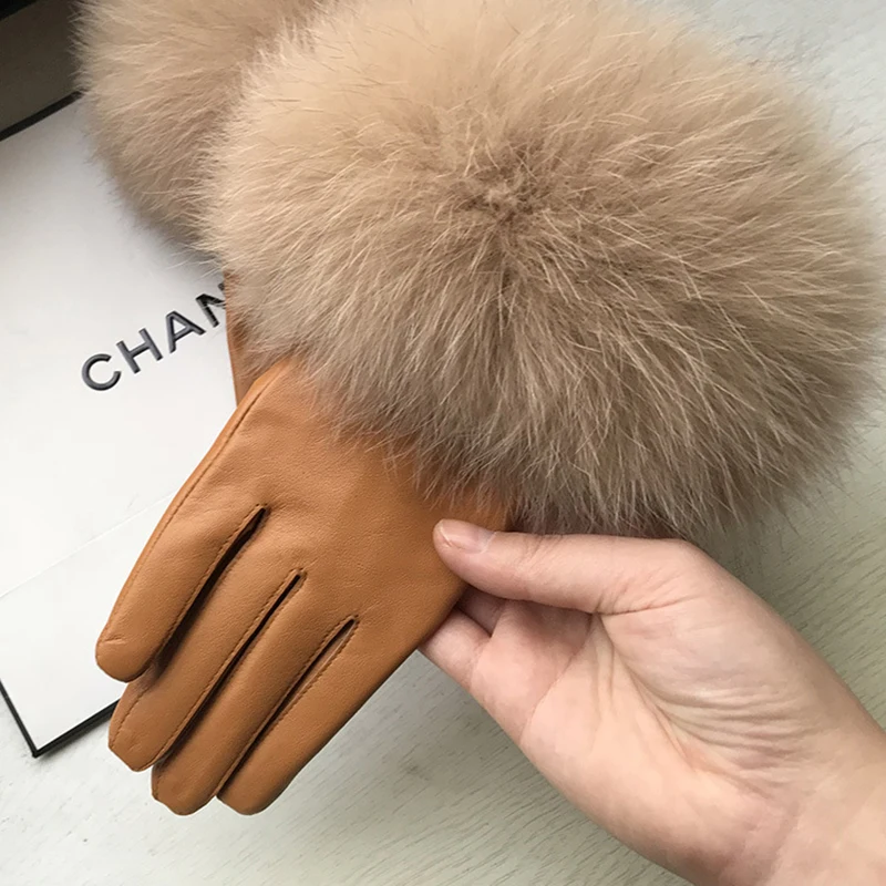 Chic Camel Color Real Big Fox Fur Women\'s Sheepskin Gloves Winter Plus Velvet Female Cycling Drive Warm Genuine Leather Gloves