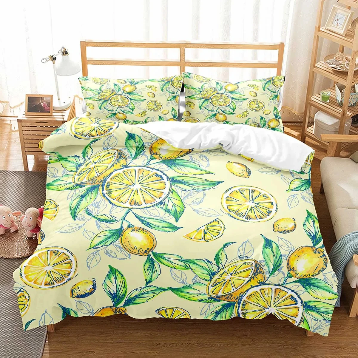 Yellow Lemon Duvet Cover Twin Queen Size Tropical Fruit Bedding Set Boho Comforter Cover Botanical Lemon Pattern Quilt Cover