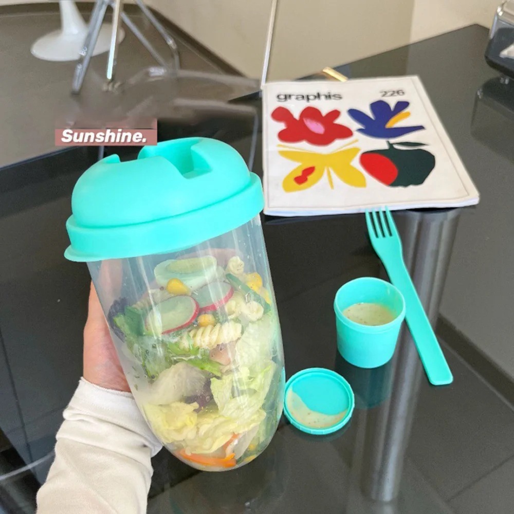 1PC White/Green Portable Bottle Salad Shaker Fresh Fruit and Vegetable Salad Glass With Fork Salad Bowl Holder for Lunch Bento