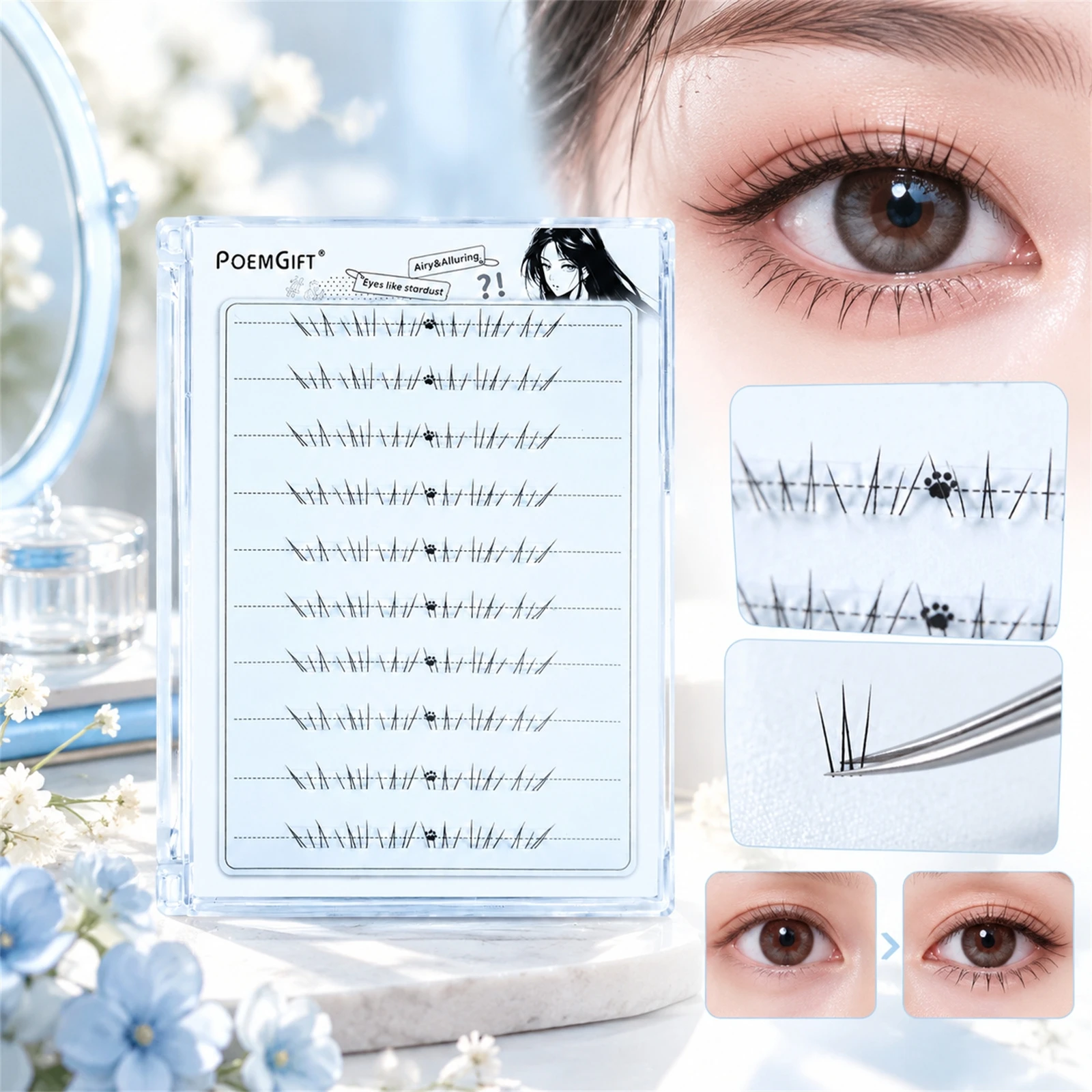 Manga Style Lower False Eyelashes, Glueless Cluster Lashes in Black Synthetic Fiber, Soft C Curl for Beginners Daily Makeup
