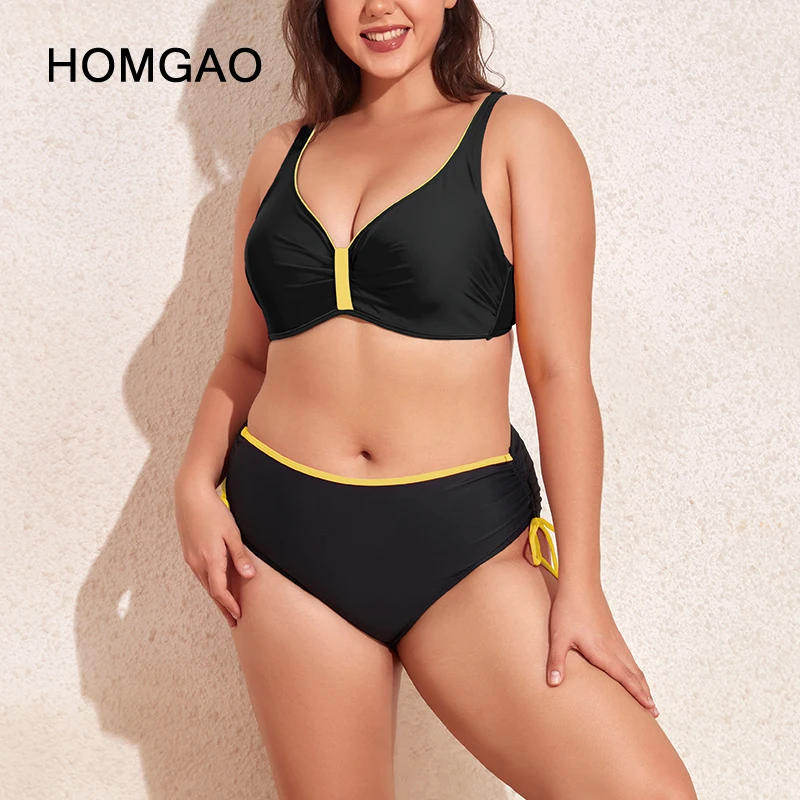 HOMGAO Black Push Up Swimsuit For Women High Waisted Drawstring Tie Side Bottom Bathing Suit Two Piece Plus Size 2023 Beach Wear