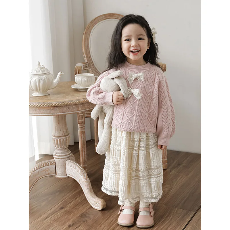 Girls' Butterfly Knot Sweater Warm Autumn 2023 New Children's Baby Sweet Cute Knit Top