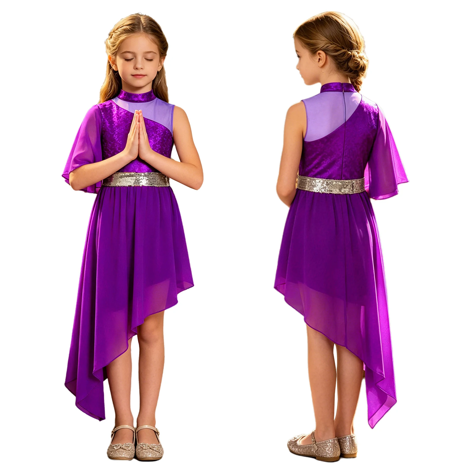 Kids Girls Modern Lyrical Ballroom Dance Jersey Church Choir Praise Robe Sleeveless Asymmetrical Contrast Color Robe Gown Dress