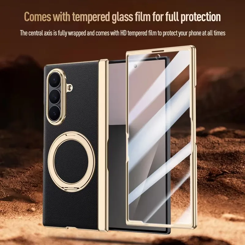 Luksusowe skórzane etui do Samsung Galaxy Z Fold8 Ultra 8 7 360 ° Obrotowy uchwyt, magnetyczna folia ochronna z hartowanego szkła, bezprzewodowe ładowanie — zdjęcie produktu 6