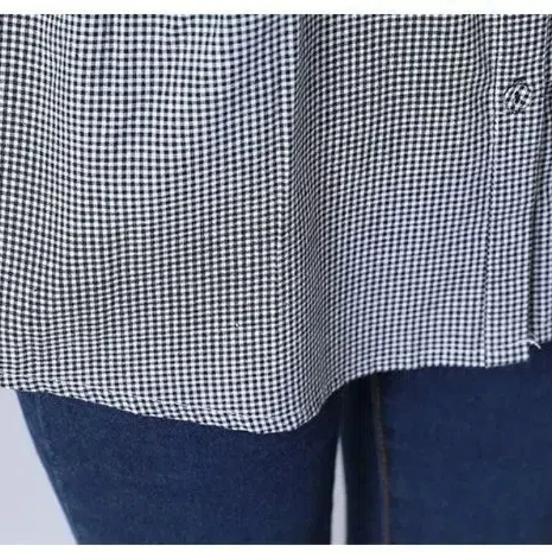 Grid Embroidery 2024 Women\'s New Splicing Polo Collar Button Folds Fashion Loose Minimalist Casual Long Sleeve Blouses Shirts