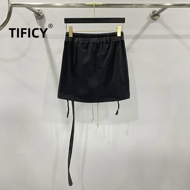 TIFICY High Street Cotton Artistic Solid Color Cowboy Short Skirt Women's Black Street Trendy Artistic Cotton Half Skirt