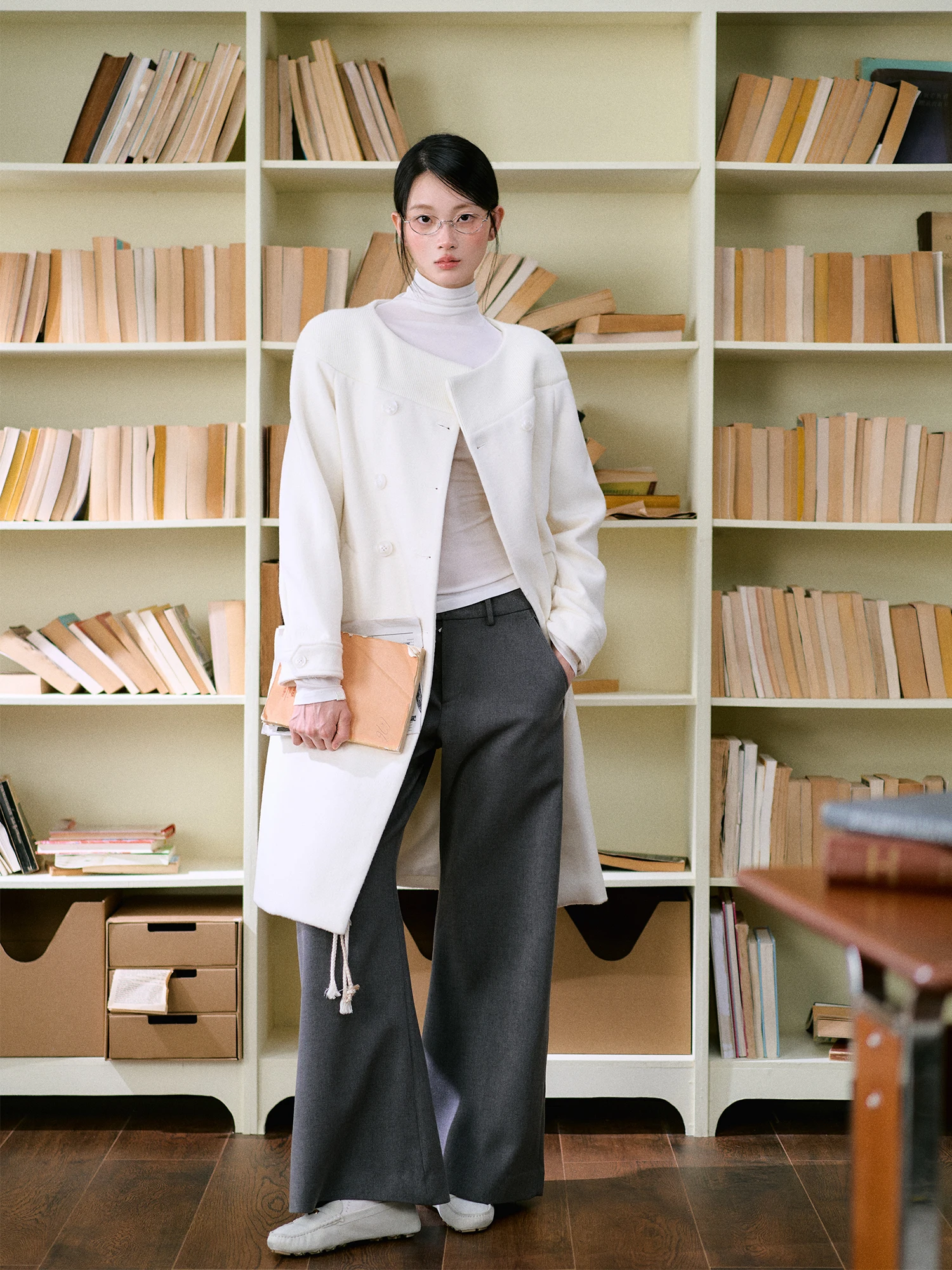 กางเกงขายาวลำลองทรงหลวมผ้าวูลผสมสำหรับผู้หญิง รุ่น Knife ape ช่วยให้ดูผอมลง สวมใส่สบายในฤดูหนาว ทรงตรง