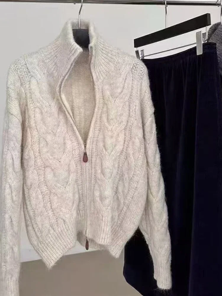 

Autumn Women Turtleneck Loose Retro Knitted Jackets Winter Twist Double Zipper Cardigan Sweater New Casual Solid Office Clothing