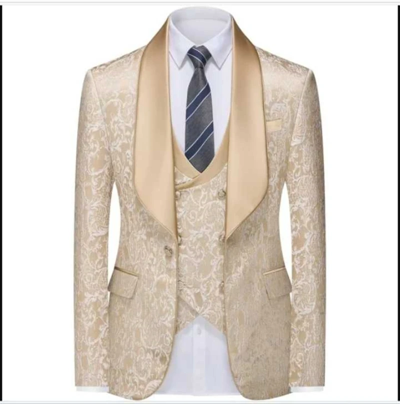 New 3PCS Champagne Jacquard Men Wedding Suits Shawl Lapel Blazer Vest Pants Slim Fit Business Suits Costume Homme For Party Prom