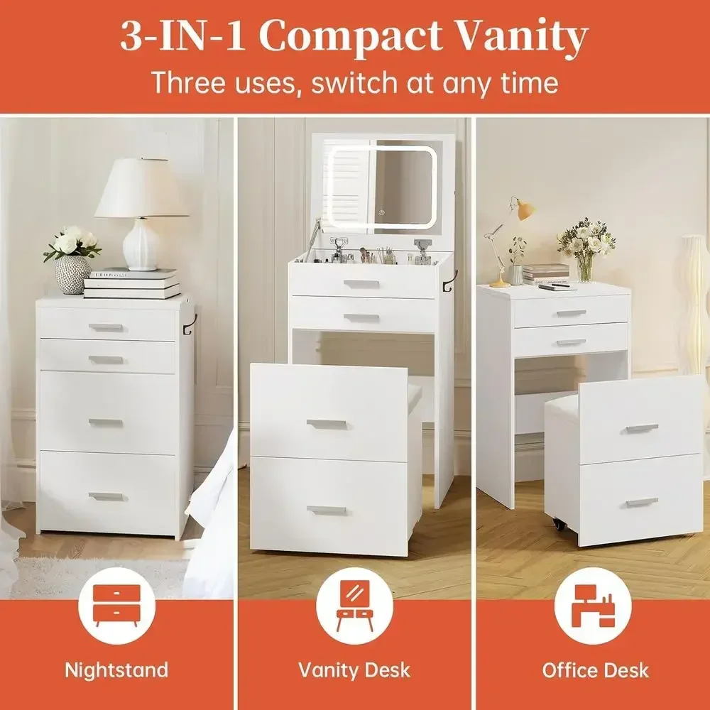 Compact Vanity with 3-in-1 Desk, Makeup Mirror & Cushioned Stool, Small Nightstand, Perfect for Bedroom, White