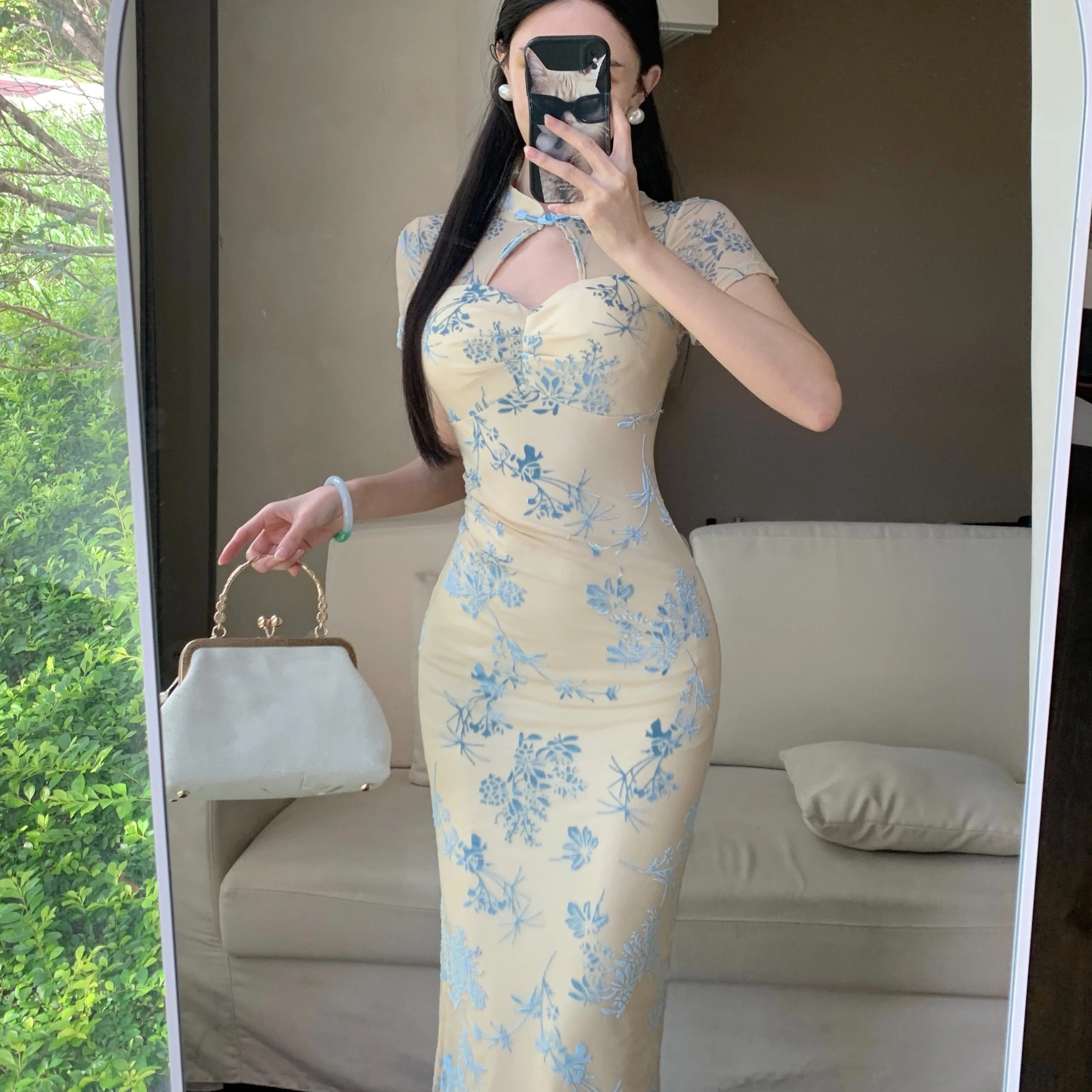 Novo chinês sle bordado ort sve qipao dr feminino retro sexy bodycon saia longa fibra de poliéster verão dr