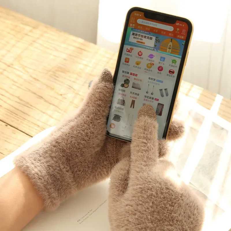 Knitted Gloves Winter Warm Thick Screen Fur Gloves Solid Mittens for Mobile Phone Tablet Pad Women\'s Cashmere Wool Glove