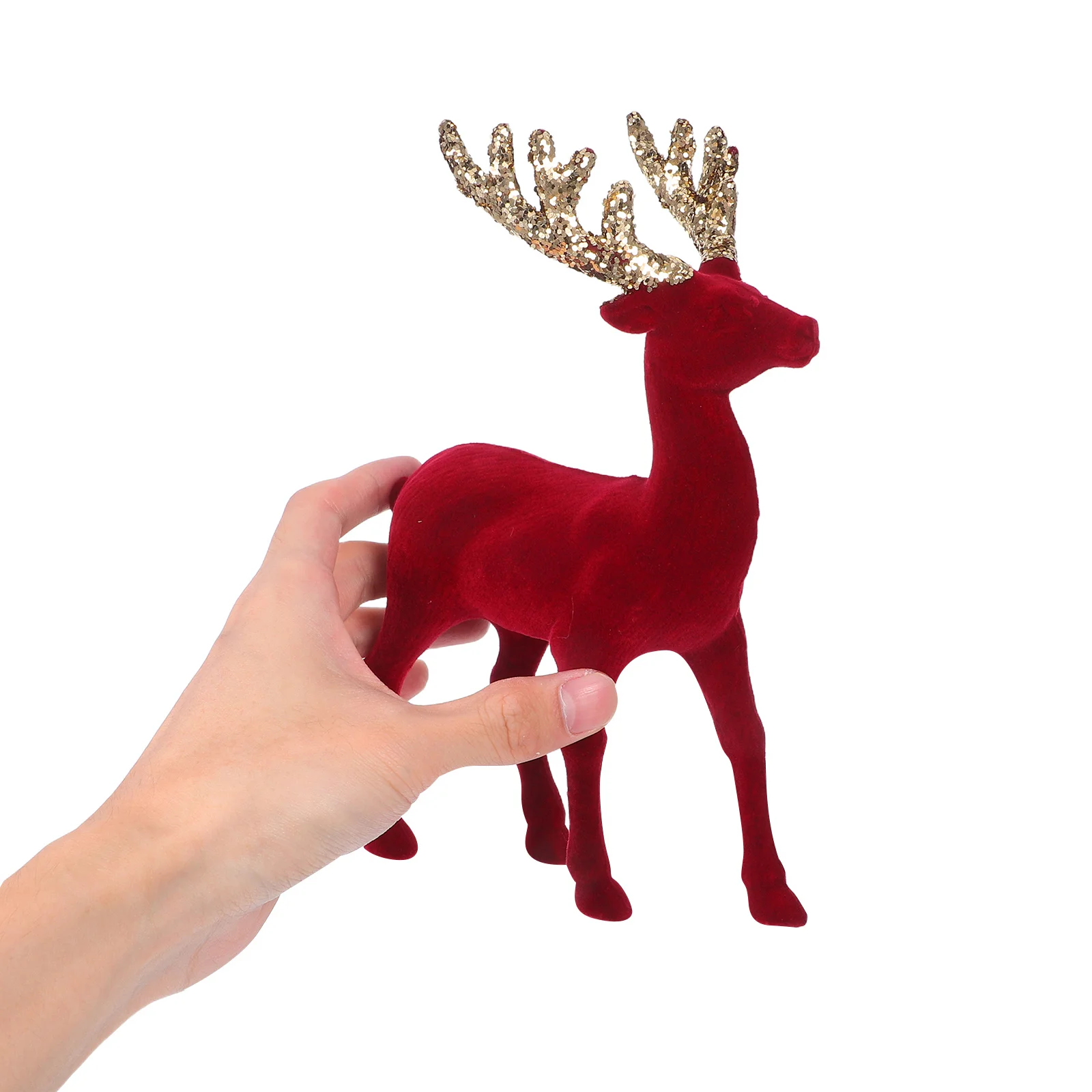 

Glitter Finish Red Flocked Reindeer Deer Statue Christmas Tabletop Ornament Holiday Centerpiece Home Decor Deer Antler Velvet