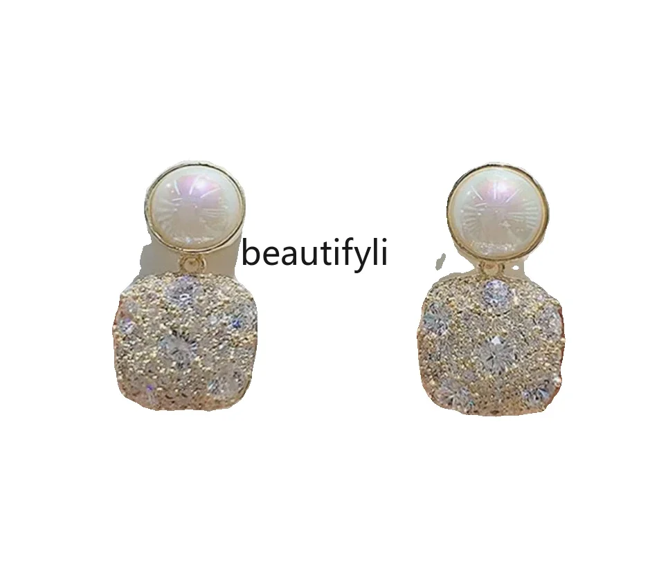 New light luxury high-end full diamond white pearl earrings women's fashion versatile earrings