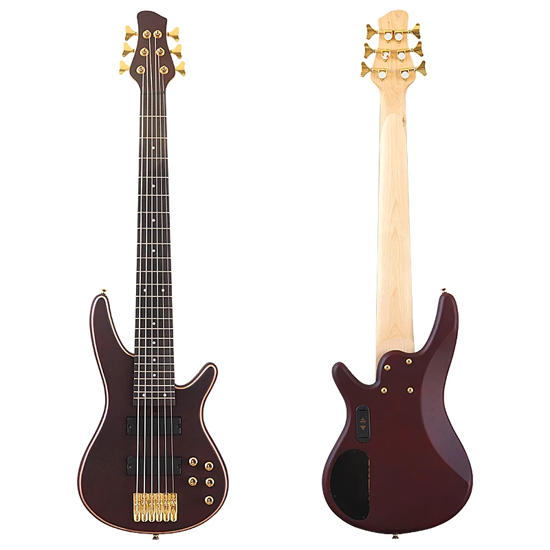 6 String Active Bass Guitar 43 Inch Electric Bass Guitar Brown 24 Frets Solid Sapele Wood Body Black Fingerboard