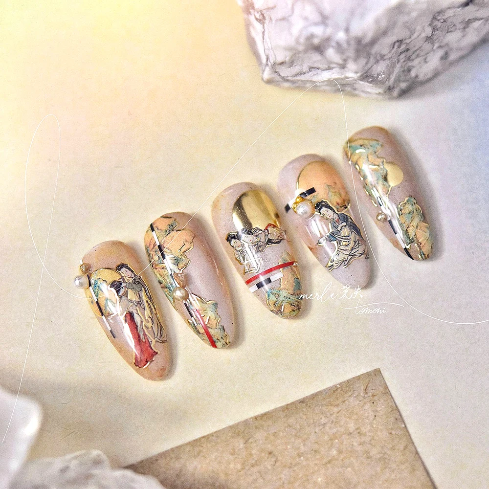 Hot Stamping Chinese Ancient Style The Maidens Painting 3D Self Adhesive Nail Art Decorations Stickers Vintage Manicure Decals