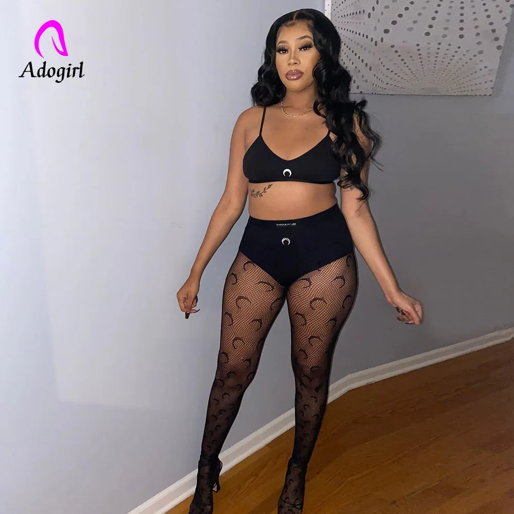 

Jogger Set Sexy See Through Women 2 Piece Set Fitness Crop Top Mesh Skinny Leggings Matching Set 2022 Summer Club Party Outfits