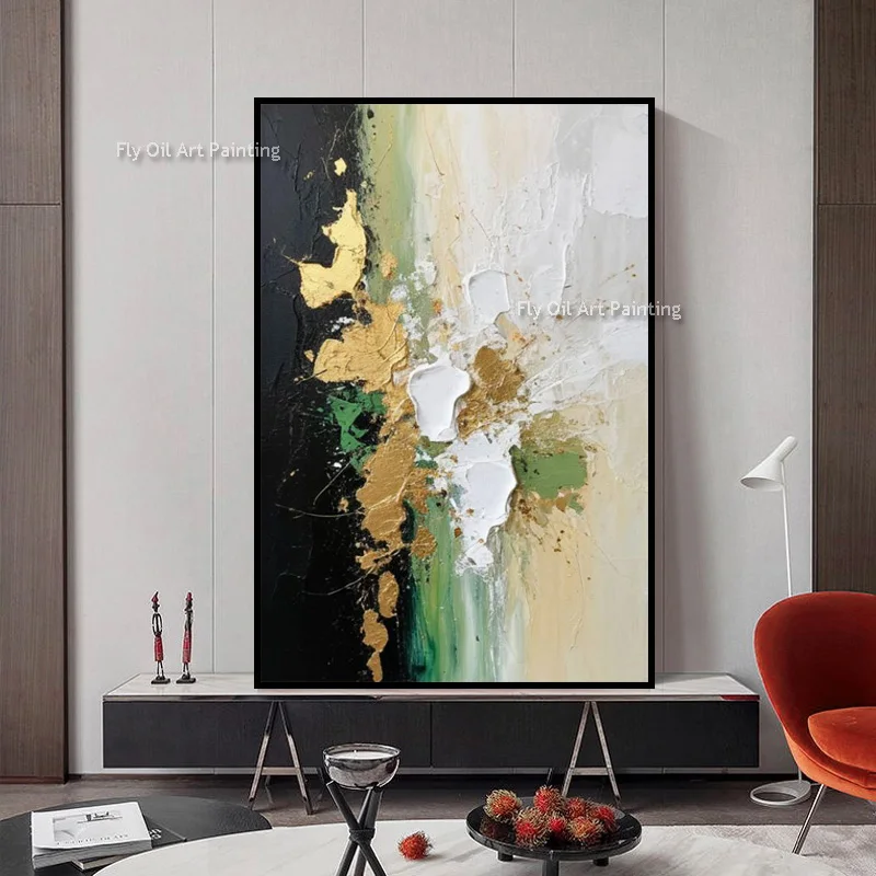 Artisan Knife-Wrought Abstract Oil Painting, Hand-Gilded Gold Splatter Impasto Canvas, Vertical Foyer Statement Wall Decor