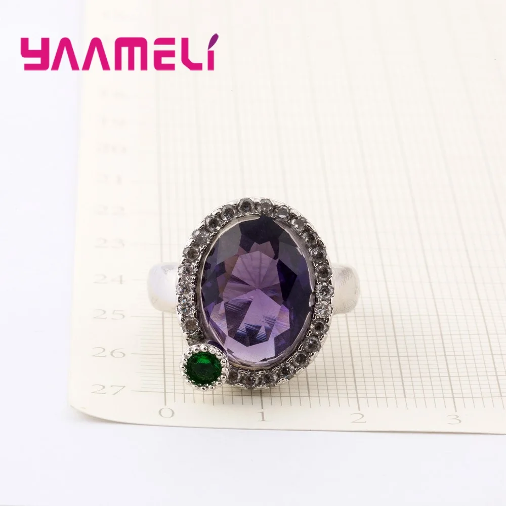 New 925 Sterling Silver Color Big Purple Cubic Zirconia With Green Crystal Embellishment Finger Rings For Women Female Jewelry