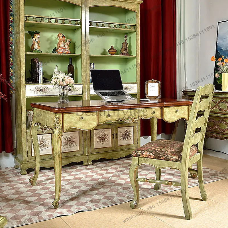 American country solid wood living room desk home office work computer writing calligraphy table with drawers