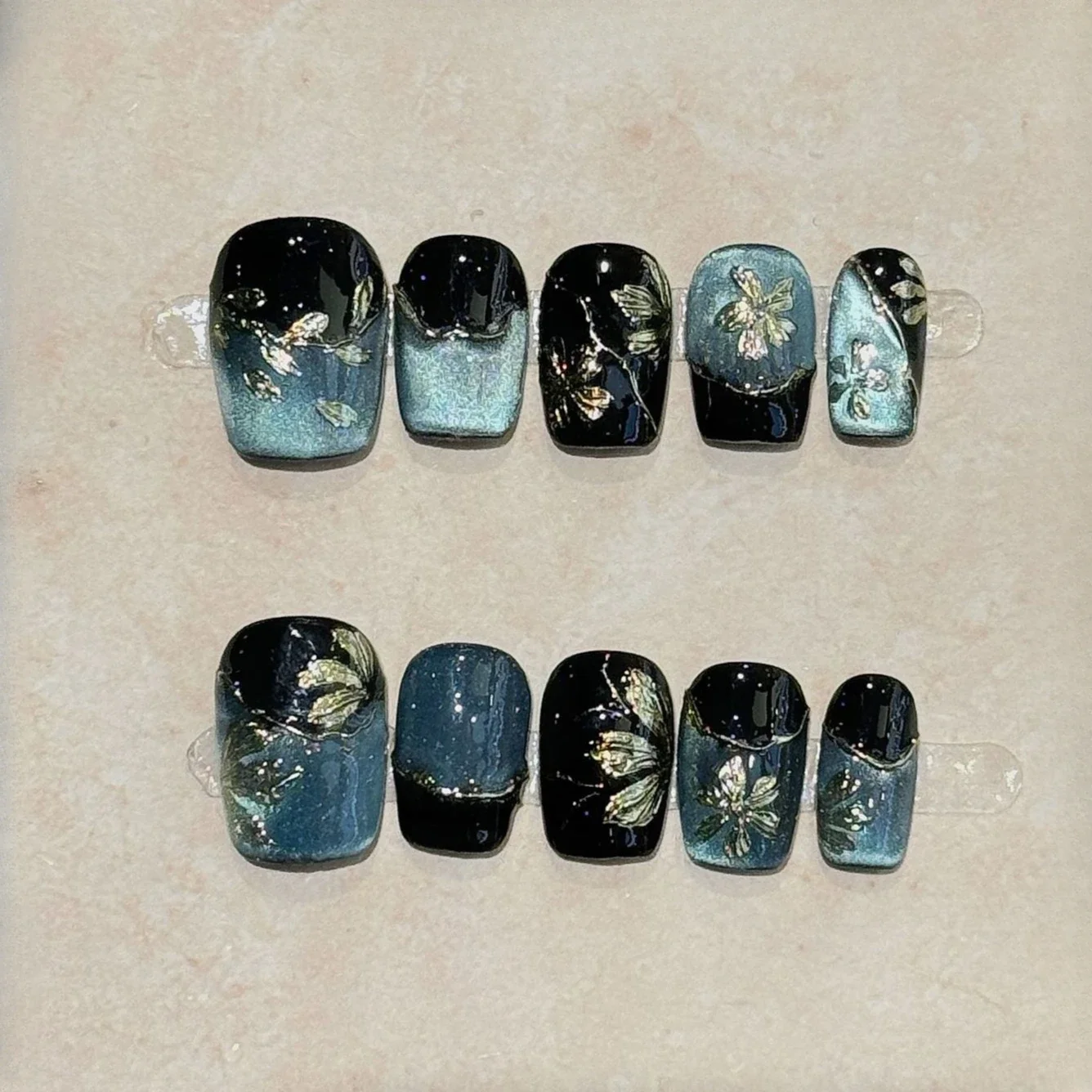 

10 шт., накладные ногти «кошачий глаз», темный цвет, накладные ногти в виде гроба, ручная работа, французский пресс для ногтей, ручная роспись, цветок, пресс для ногтей, градиент