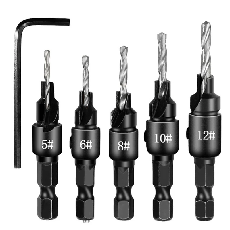 2019 5Pcs/Set New Pro Drill bit set Countersink Hex High quality Shank Woodworking 5/6/8/10/12# Bit Change Cone