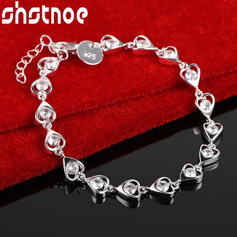 

SHSTONE 925 Sterling Silver Bracelets Heart Zircon Crystal Bracelet Women Party Wedding High Quality Fashion Jewelry Gifts