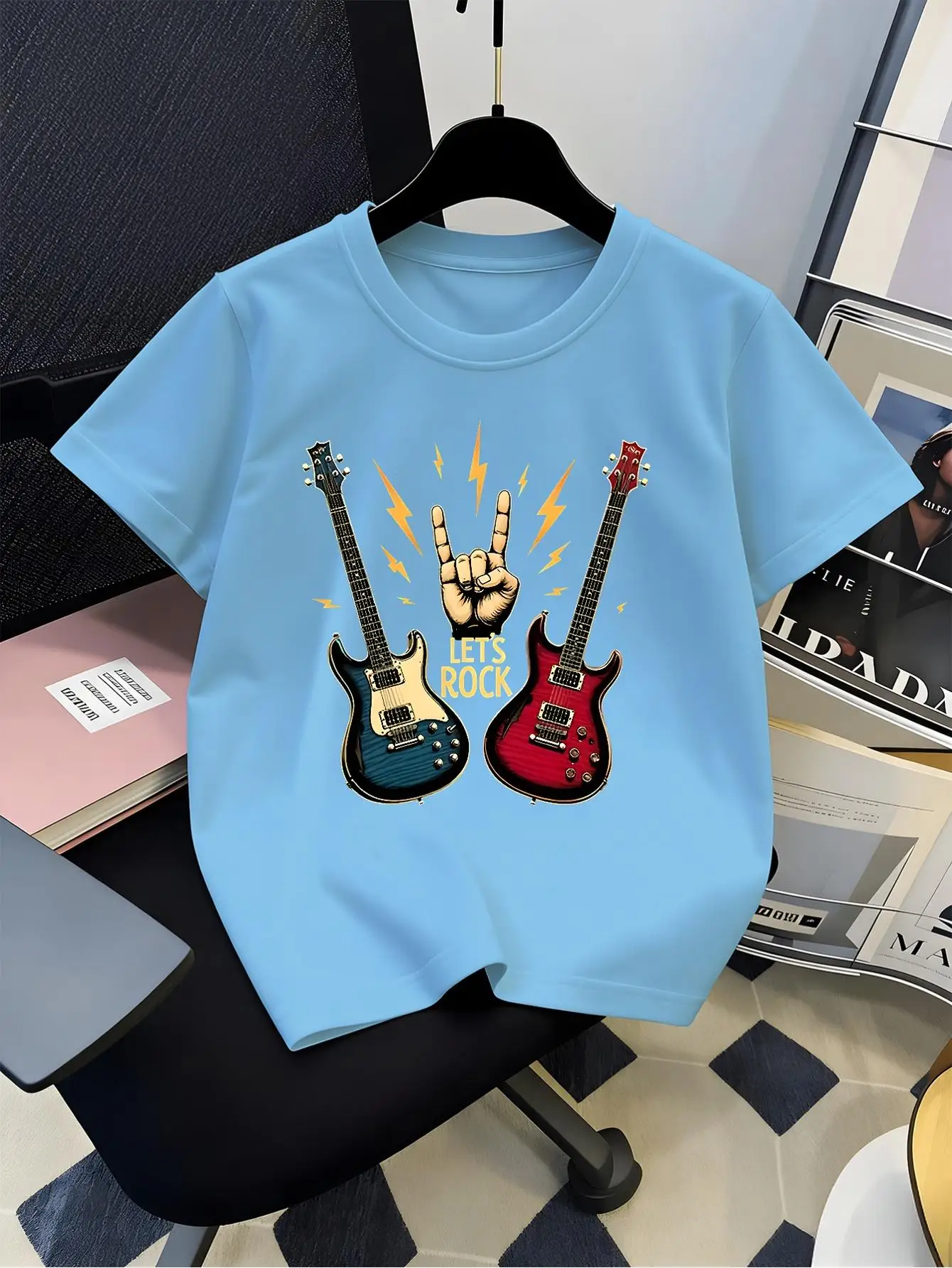 Lets Rock Electric Guitar Rock Hand Lightning Graphic Tee Boy Girls Family Matching Casual Parent Kids Music Short Sleeve Outfit