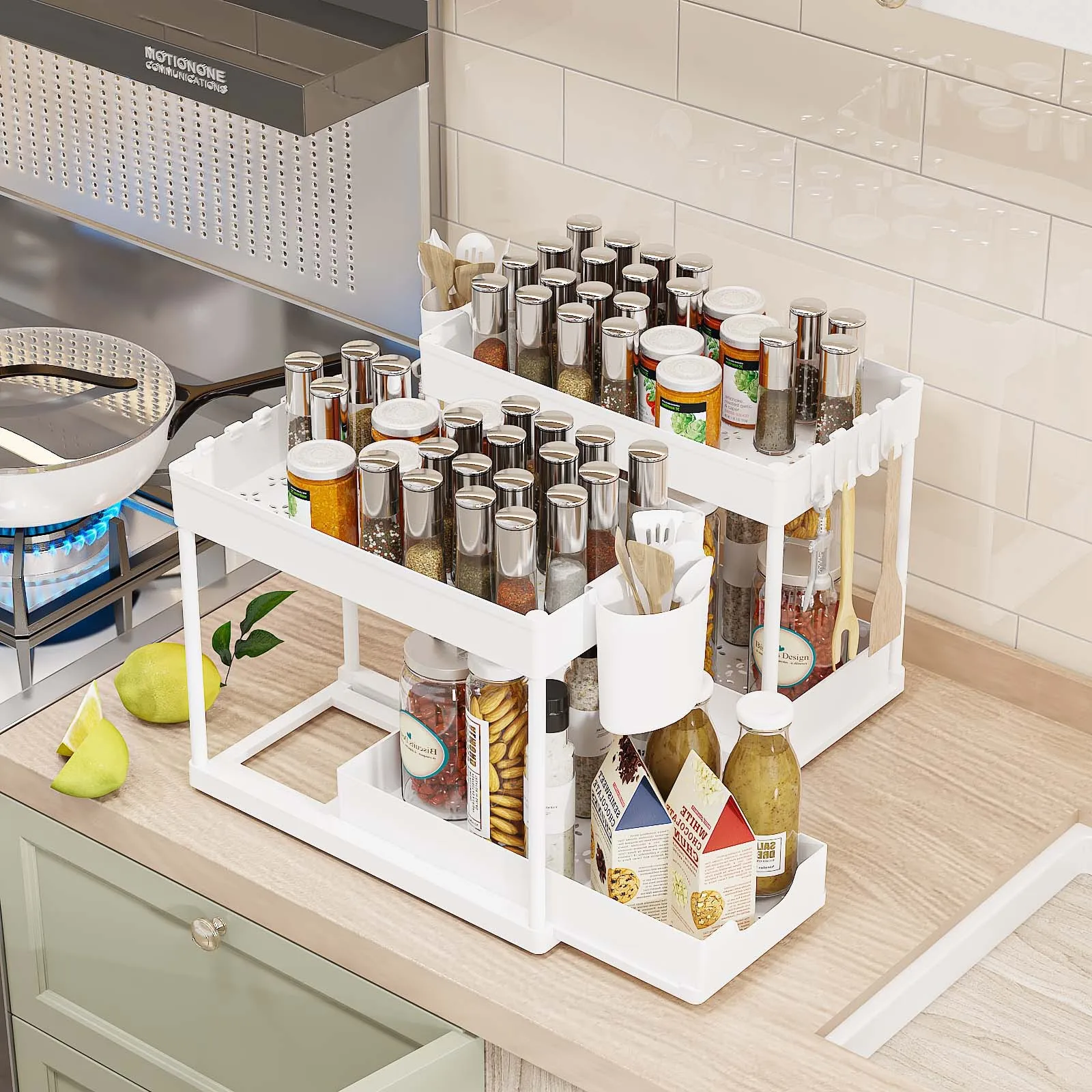 2-Layer Under Sink Organizer - Pull Out Drawer Storage Rack for Kitchen & Bathroom Countertop Cleaning Supplies Holder White