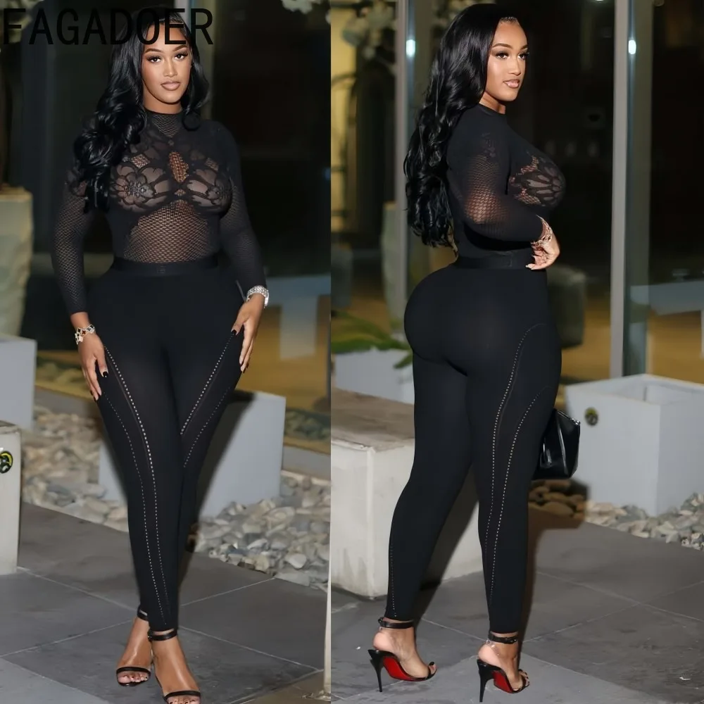 

FAGADOER Sexy Hollow-out Bodycon Two Piece Outfits Woman See Through Long Sleeves Crop Top + Skiny Pants Suits Female Streetwear