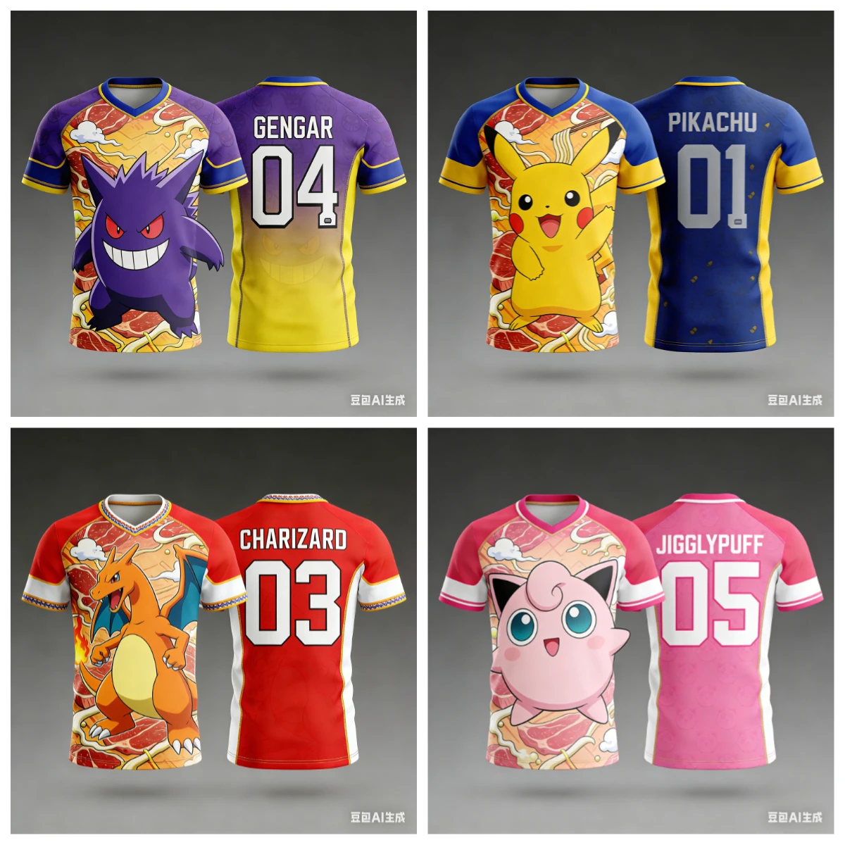 Sommer-Kurzarm-T-Shirt mit Aufgedruckten Pokémon-Mustern wie Pikachu und Gengar, Lässiger Street-Jersey-Stil für Kinder
