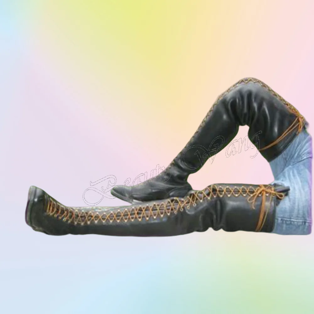 Preto amarelo frente cruz amarrado botas grandes dos homens coxa alta botas de cavaleiro sapatos de dedo do pé redondo para homens sapatos zapatos para hombres