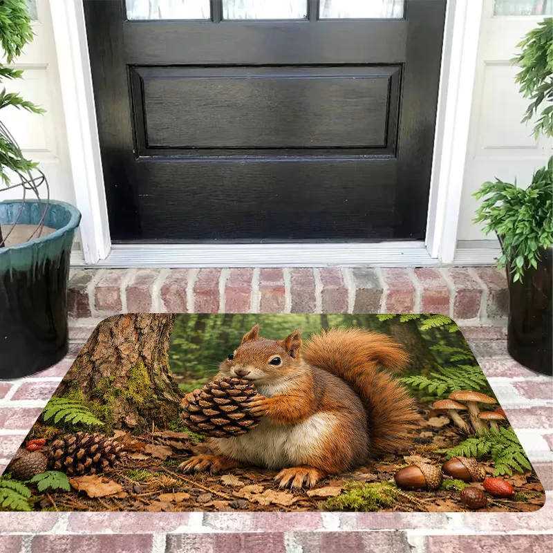 1pc Forest‑Red‑Squirrel Print Welcome Doormat, Indoor & Outdoor Floor Mat for Kitchen, Dining Room, Home and Party Decor