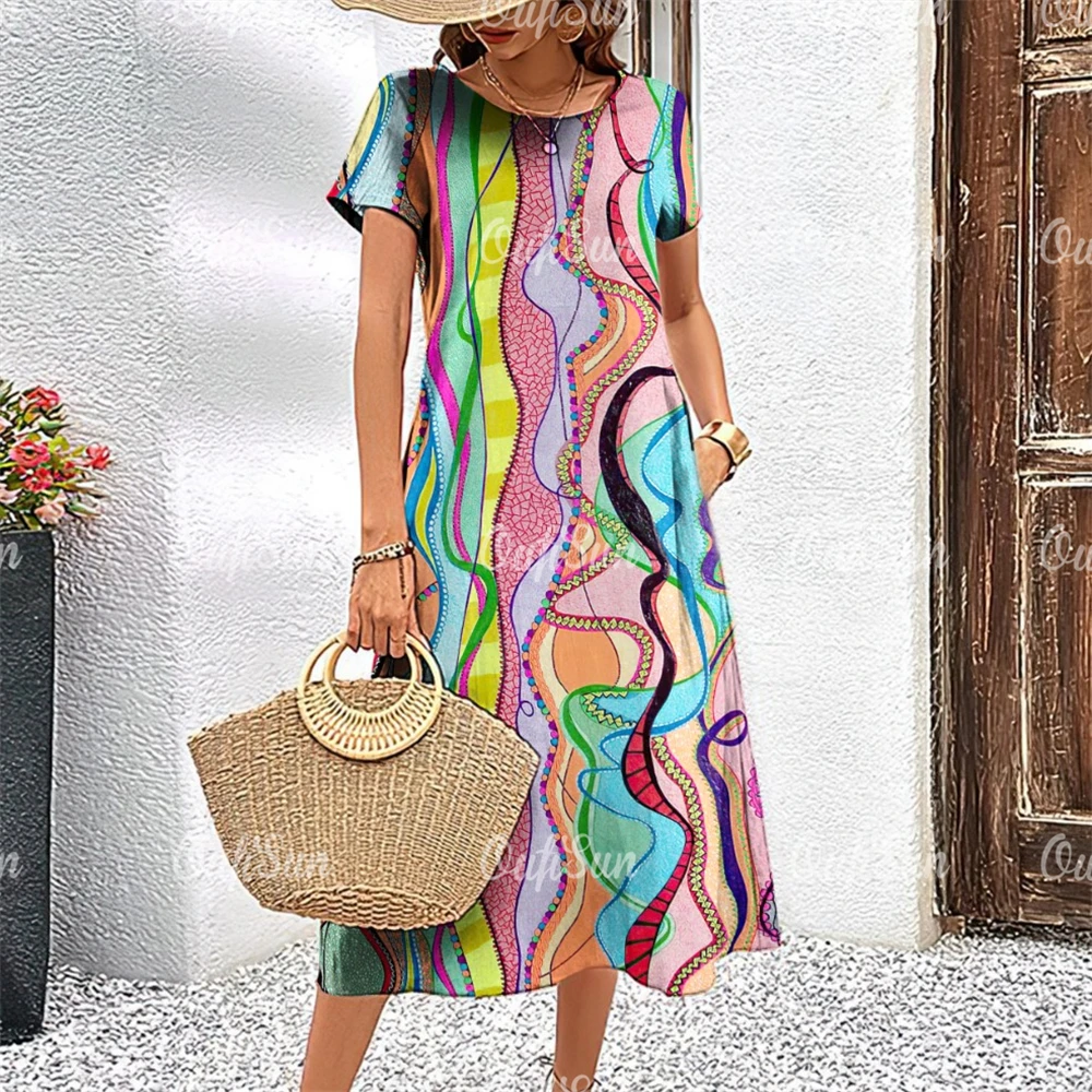 

2024 New Women's Dresses Geometric Print Summer Elegant Midi Dresses Vacation Feamle Dress Fashion Oversized Clothes Plus Size