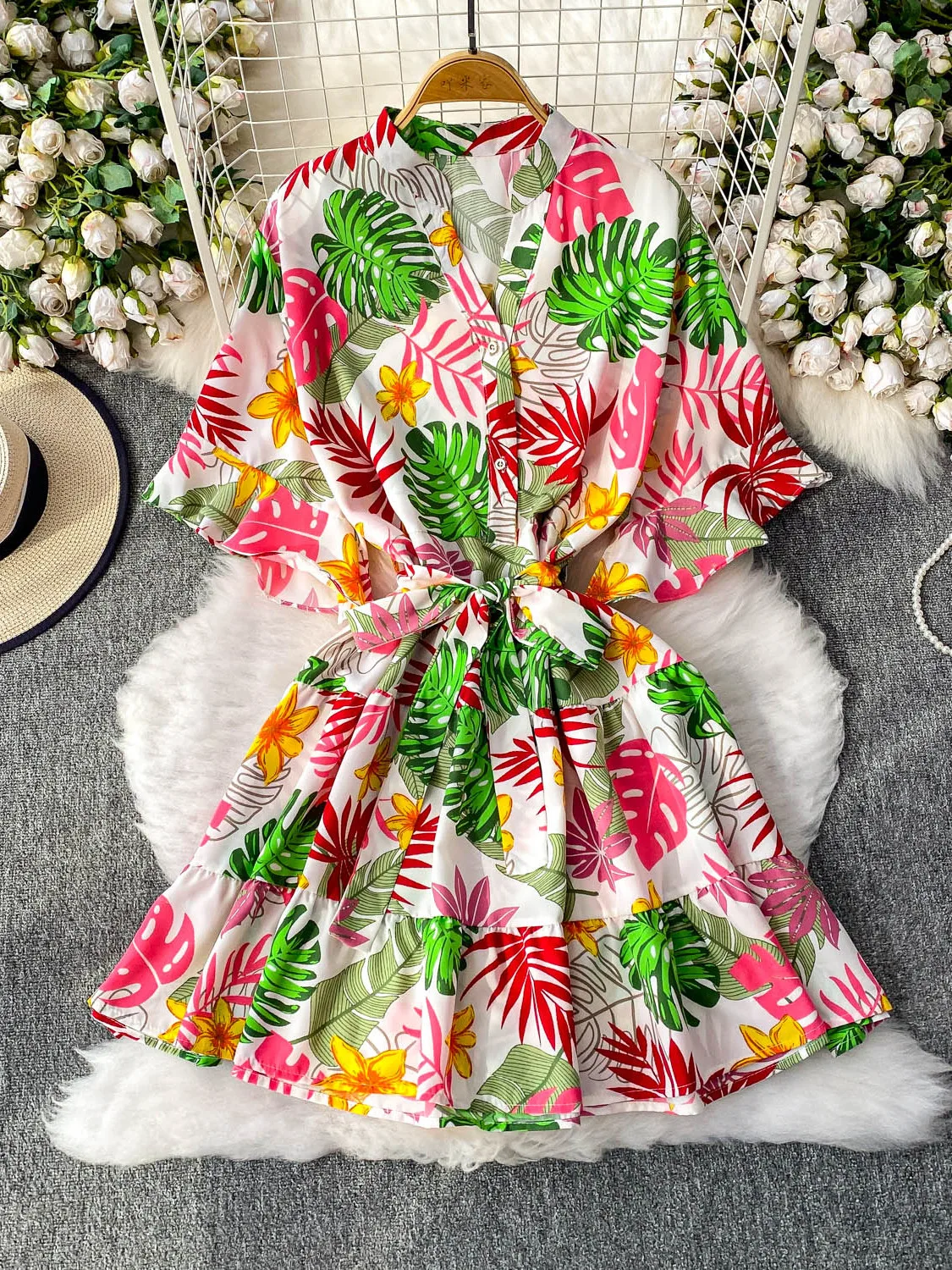 Holiday Dress Women's Summer Printing Strap Waist Thin Ruffle Edge Casual Loose Dress Boho Beach