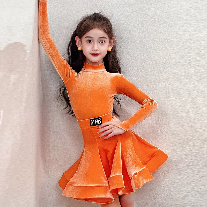 

Бархатное платье для латинских и американских танцев с длинными рукавами для девочек, конкурсная бальная детская танцевальная одежда для танго, сальсы, тренировочная одежда, ча ча